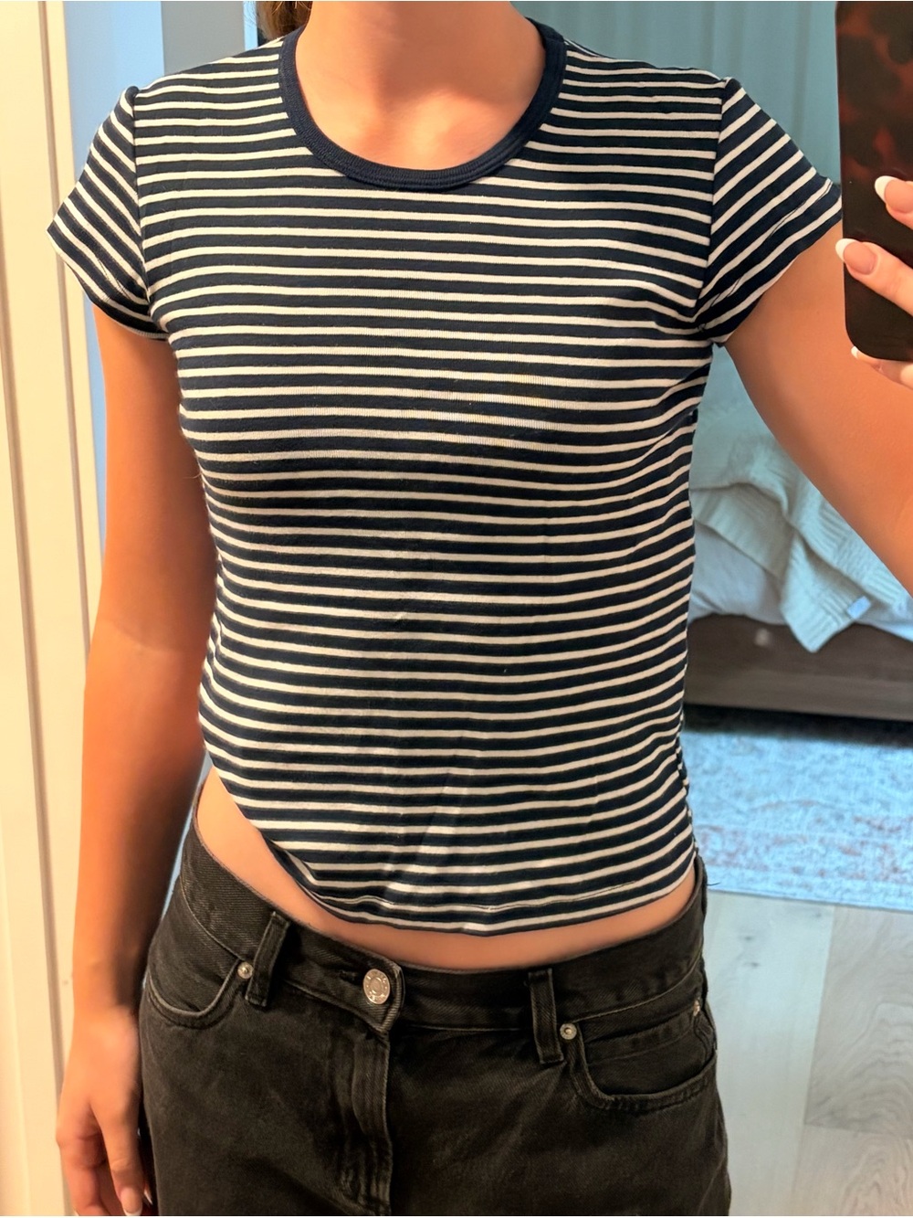 Brandy Melville Navy and White Striped Short Sleeve Tee